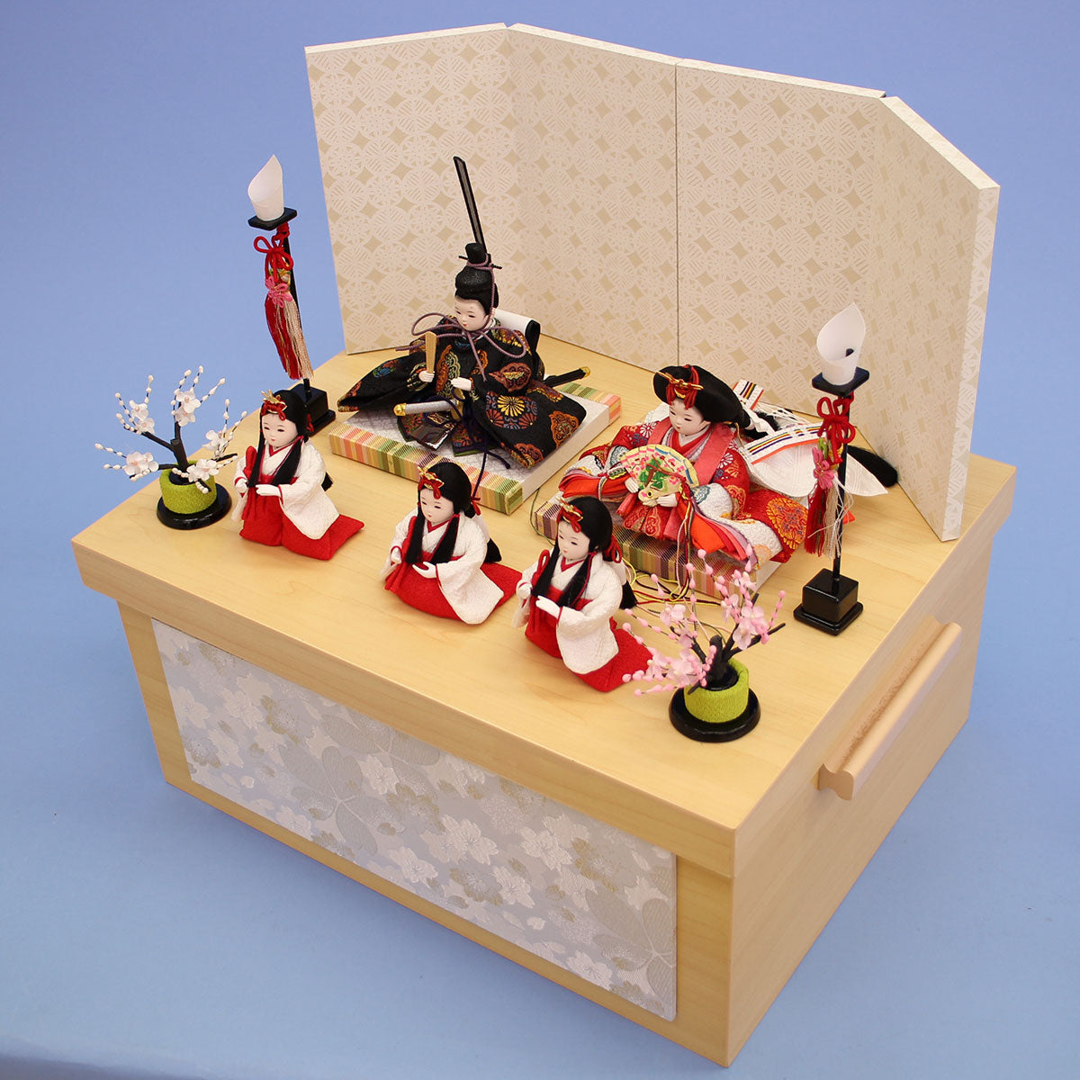 雛人形収納飾り 幅40cm豆びな五人　白桜収納飾り　上から