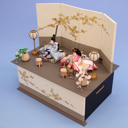 雛人形収納飾り 正絹まめびな　夢桜グレー　斜め上から