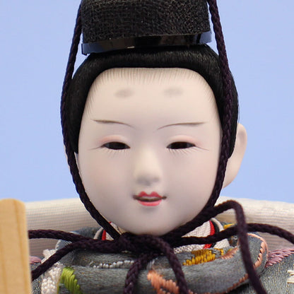 雛人形単品 親王3 小芥子正絹金襴　02119ブルーグレーとピンク　殿顔