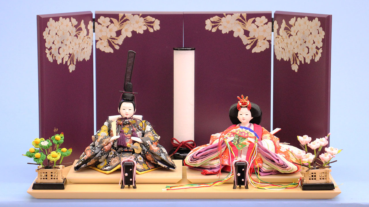 雛人形平飾り 小芥子オレンジ　光琳桜紫