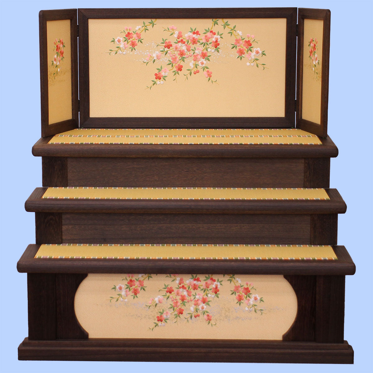 雛道具 幅105㎝35号三段台屏風セット 焼桐桜刺繍