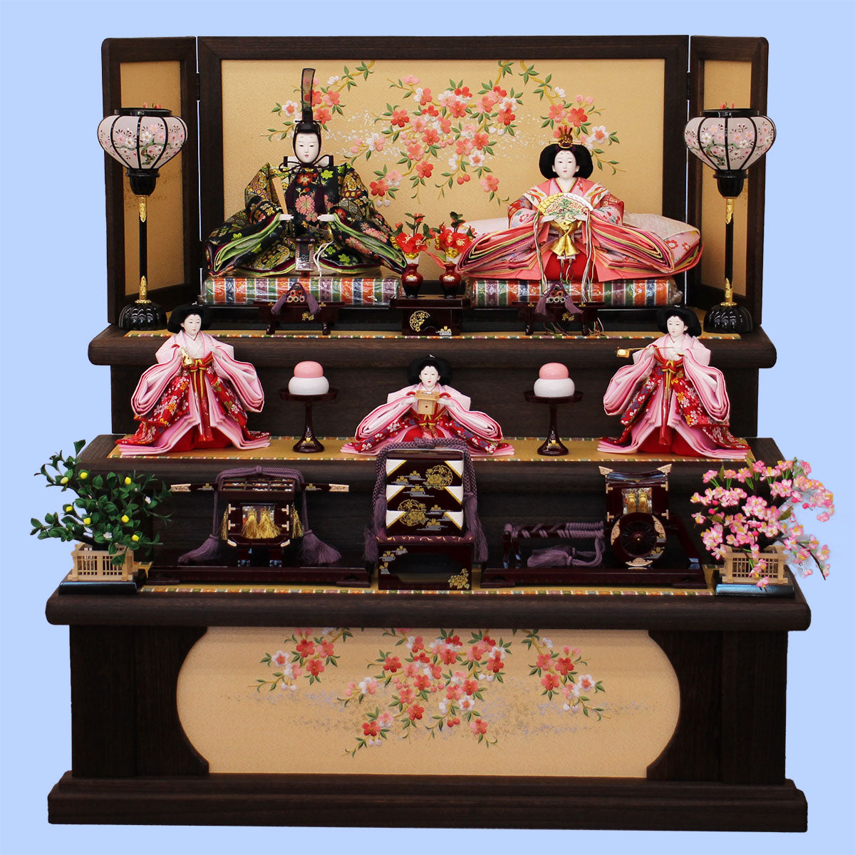 雛人形三段飾り 九番五人　焼桐桜刺繍