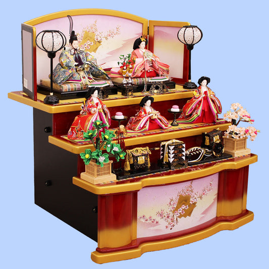 雛人形三段飾り 京九番五人1482 朱塗り桜姫　横から