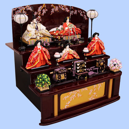 雛人形三段飾り 京九番金駒刺繍五人　ワインしだれ桜　横から