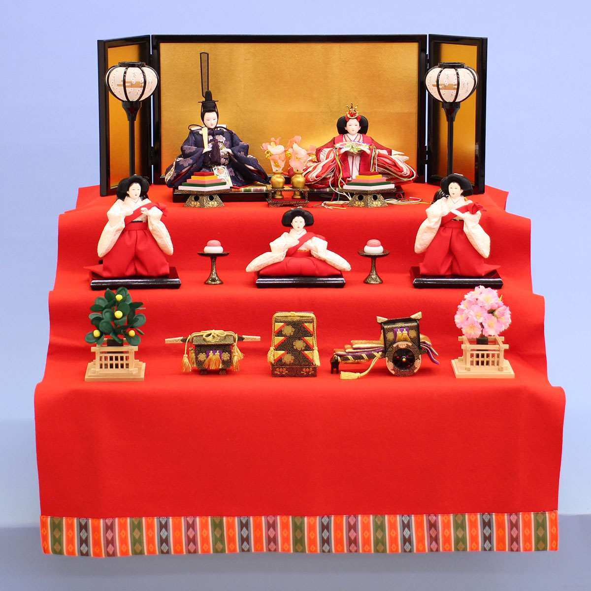 雛人形三段飾り 小芥子五人まり桜刺繍 60cm幅もうせん飾り