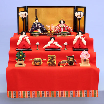 雛人形三段飾り 小芥子五人まり桜刺繍 60cm幅もうせん飾り