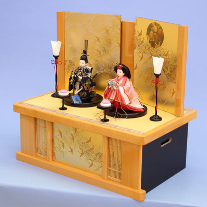 雛人形収納飾り 幅55cm桃花立雛 桧千羽鶴　横から