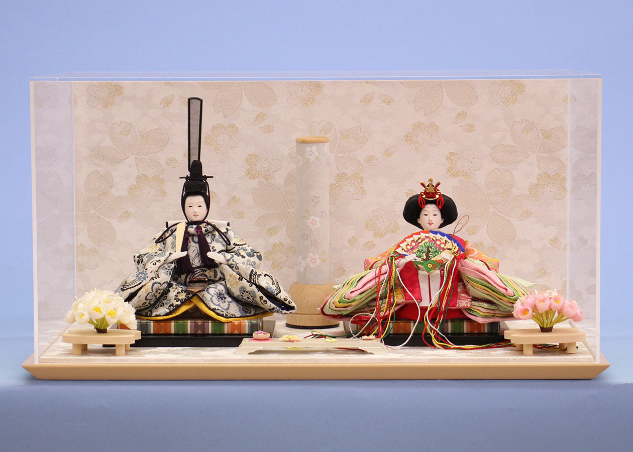 雛人形ケース飾り 飾るタイプ二人 小芥子親王銀ピンク　白桜ケース