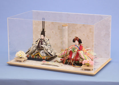 雛人形ケース飾り 飾るタイプ二人 小芥子親王銀ピンク　横から