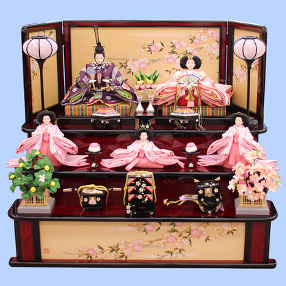 雛人形三段飾り 京十番金駒刺繍五人　家具調桜