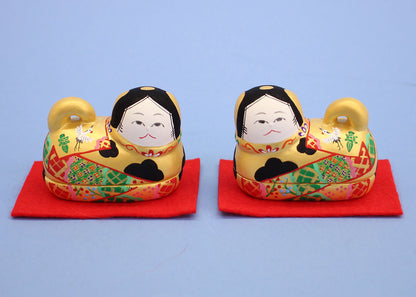 雛道具 陶製素焼き手書き絵付けの豆犬筥（いぬばこ）飾り金