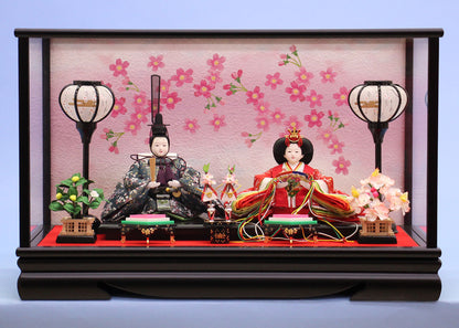 雛人形ケース飾り 飾るタイプ二人 小芥子紺赤親王　アーチ桜