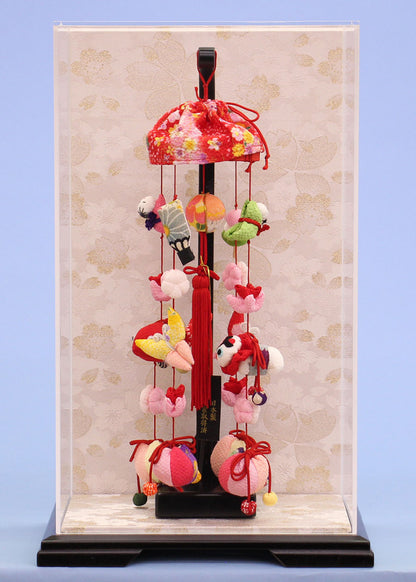 つるし雛ケース飾り 8号豆千代ぼんぼり白桜　アクリルケース入りの可愛いコンパクトサイズ