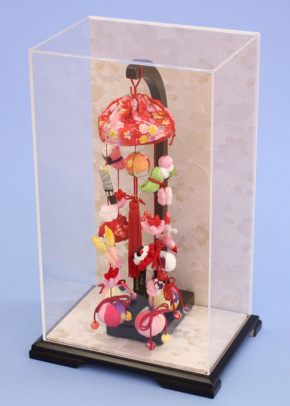 つるし雛ケース飾り 高さ40cm 8号豆千代ぼんぼり白桜　アクリルケース入りの可愛いコンパクトサイズ