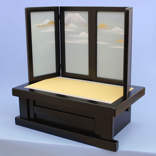 Paravent pour poupées Satsuki largeur 70 cm 23-16 support tatami en paulownia noir avec paravent pliant Fuji blanc quatre volets