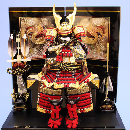 五月人形 鎧収納セット 幅38cm ２号赤威し彫金龍王鎧
