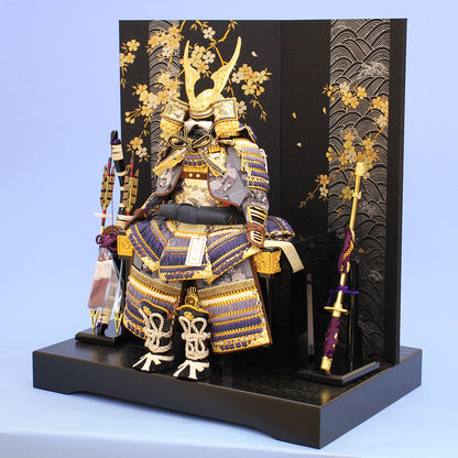 Boy's Day doll armor decoration Width 60cm Height 67cm Azure armor Four-sided wave with cherry blossom flat decoration set