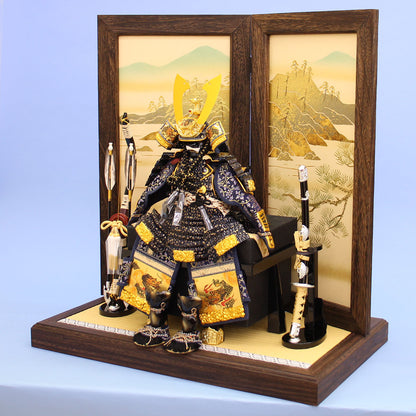 Décoration d'armure de poupée pour la fête des garçons Largeur 69 cm Hauteur 75 cm Petite armure en cuir de fleur de cerisier ensemble complet de décoration plate de tombe blanche en paulownia brûlé