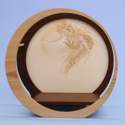 五月人形用 衝立台 幅 36cm タモ金彩龍月型台