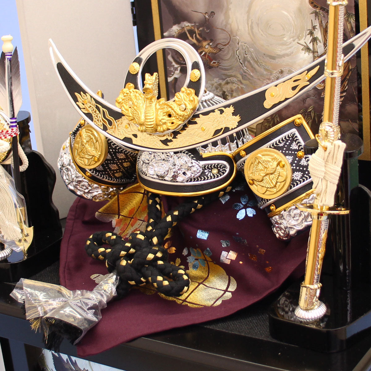 五月五节人偶兜帽储物套装 宽41厘米 紧凑型 10号 银刻纹上杉谦信兜帽储物套装