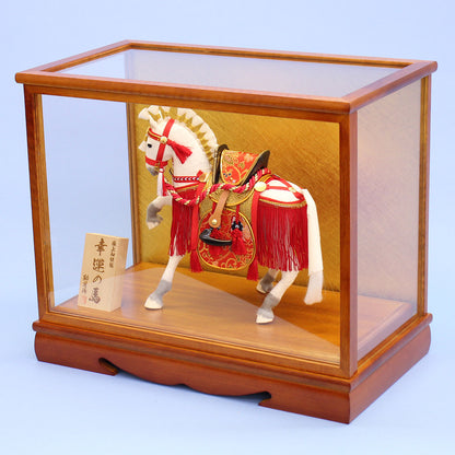 飾り馬  8号京飾り奉書馬出し飾り（白馬）木目調ケース斜めから