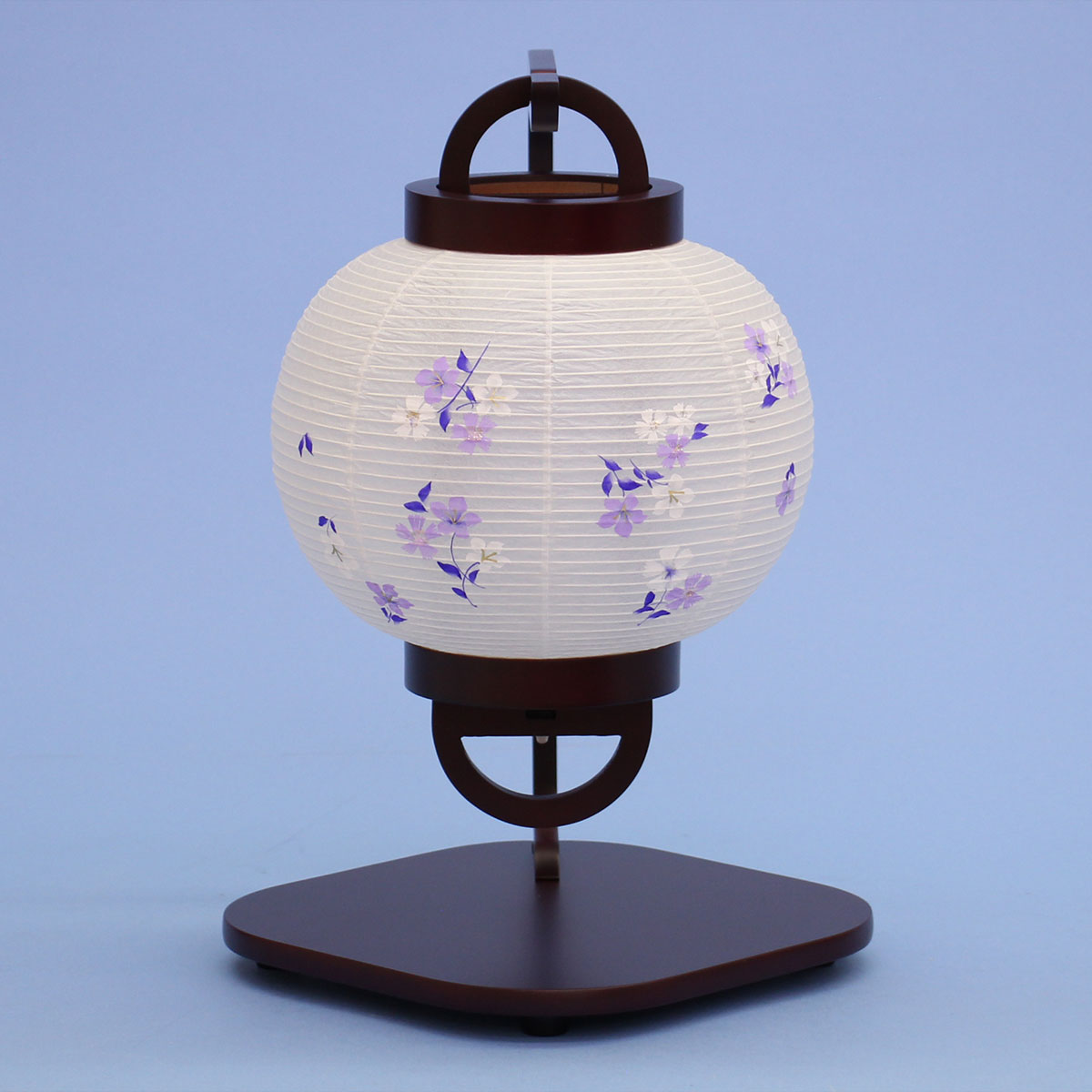 コンパクトな吊り下げタイプ台付き盆提灯 ゆらり　桔梗撫子柄 LEDコードレス行灯