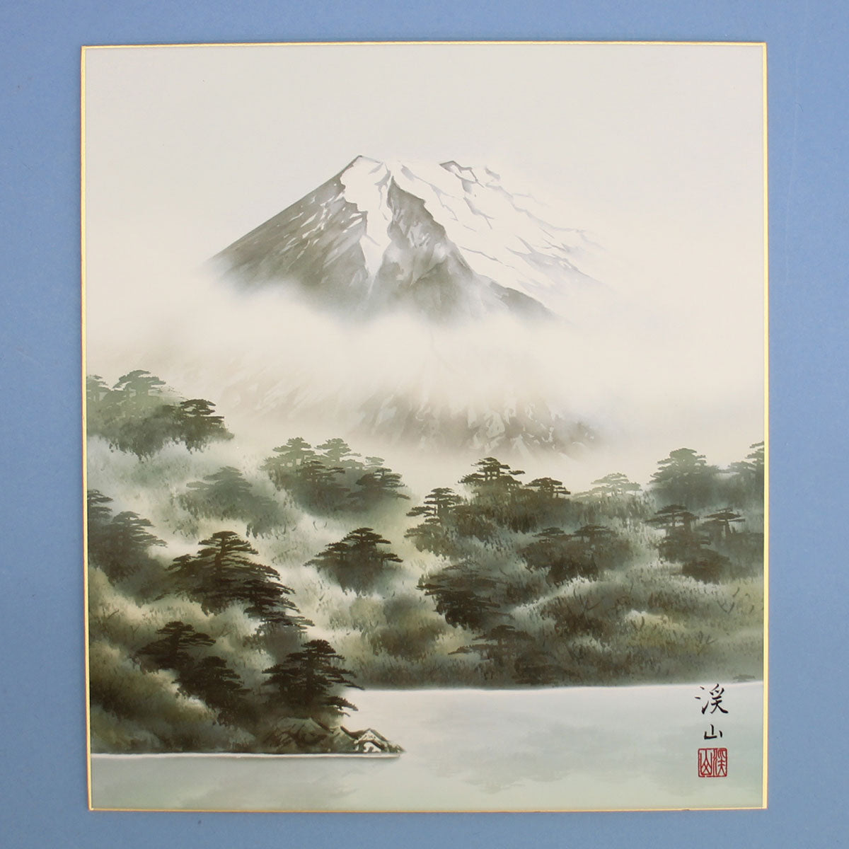 山水画色紙　湖畔黎明