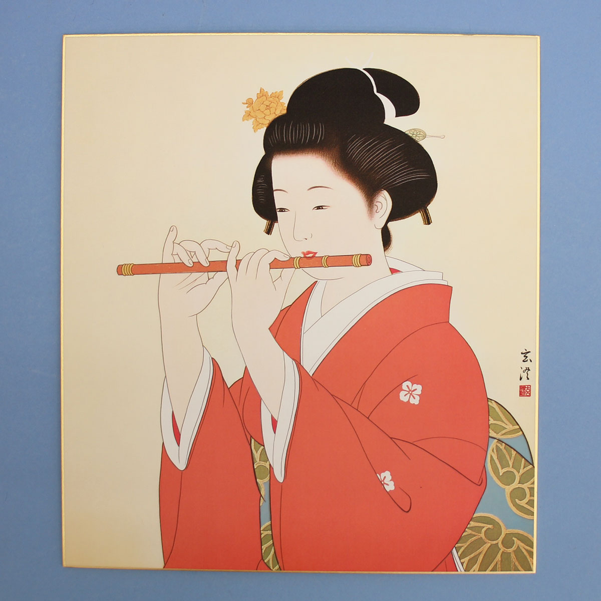 美人画色紙　笛を吹く娘