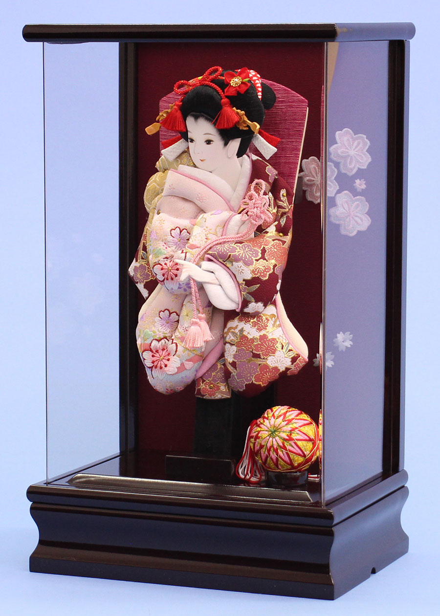 9号押絵羽子板アクリルケース飾り｜ ワインとパステルピンクに刺繍が