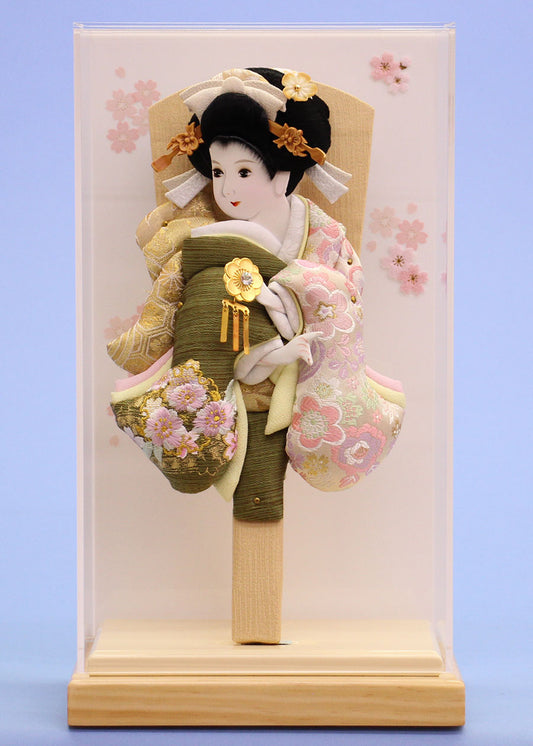 9号押絵羽子板 金彩刺繍美月緑 無垢オフホワイト薄型ケース飾り