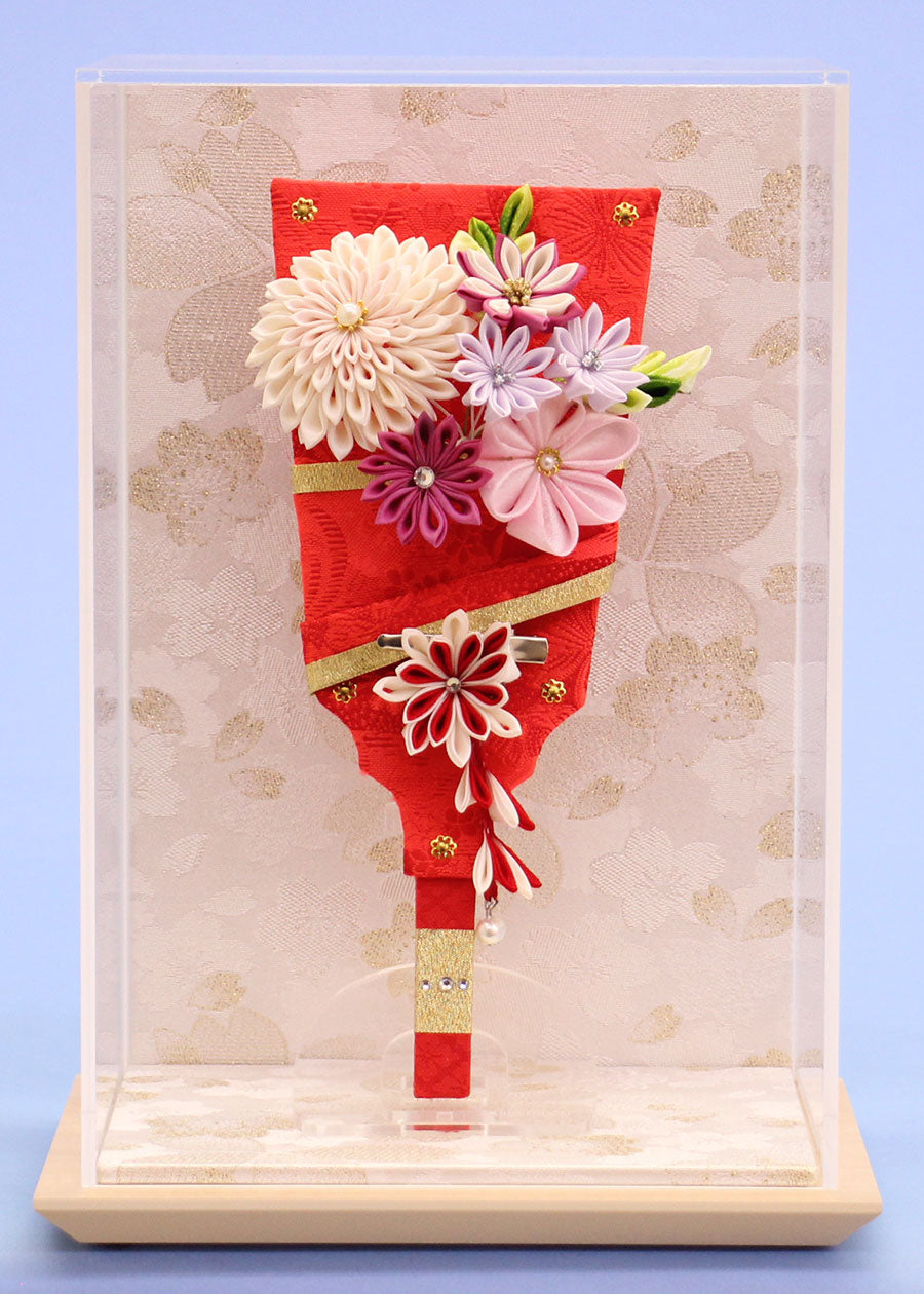 JUHO-TOUGEI 7号つまみかんざしが外せるおしゃれな羽子板 剣つまみ赤 白桜スリム