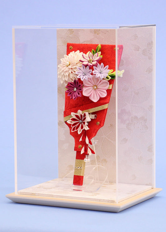 JUHO-TOUGEI 7号つまみかんざしが外せるおしゃれな羽子板 剣つまみ赤 白桜スリム