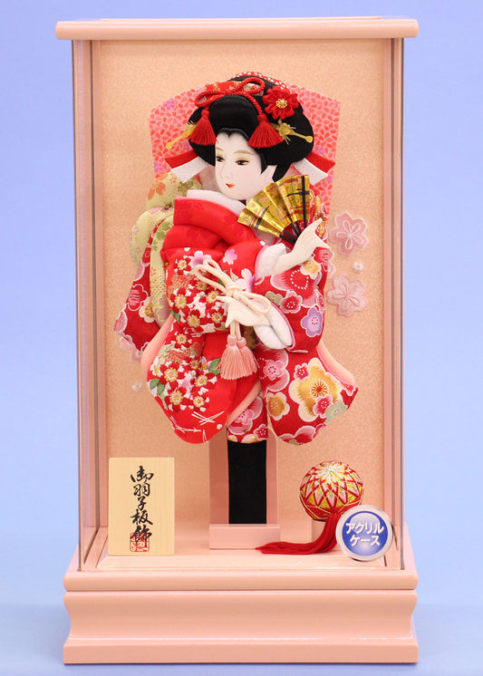 １０号羽子板 赤刺繍華流水 ピンクアクリルケース飾り