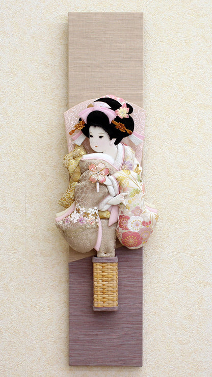 壁掛飾り 高さ60cm 10号押絵羽子板 金彩美月白グレー 三河木綿