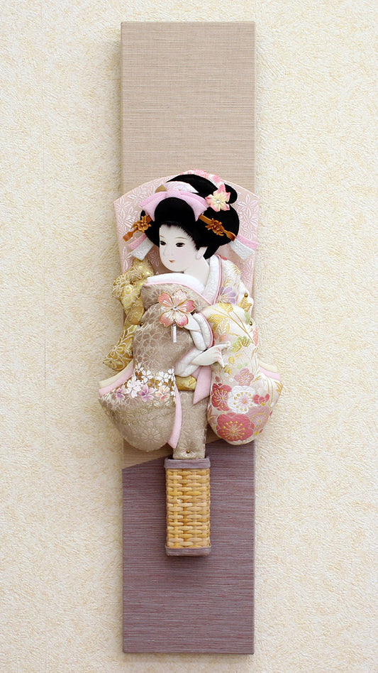 壁掛飾り 高さ60cm 10号押絵羽子板 金彩美月白グレー 三河木綿