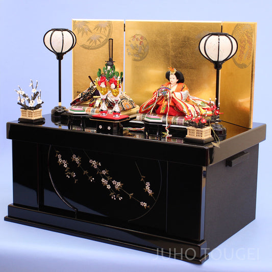 雛人形収納飾り 幅66cm京十二番極上正絹 金箔花丸黒塗桜