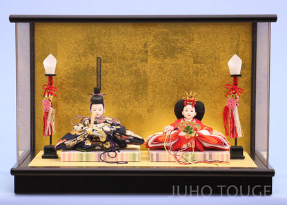 雛人形ケース飾り 飾るタイプ二人 幅39㎝ まめびな　黒枠金バック