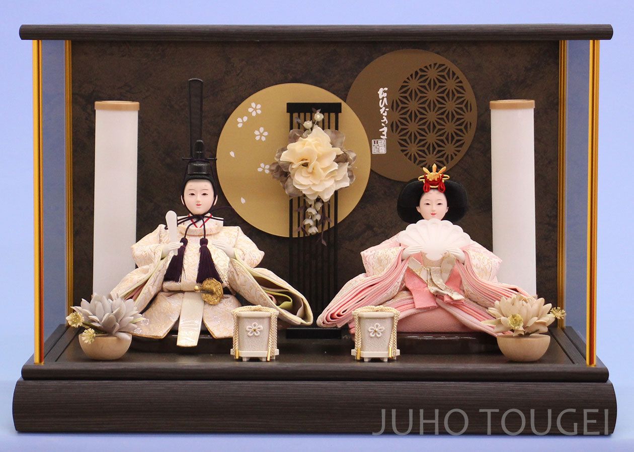 雛人形ケース飾り 二人 幅48㎝ 小三五親王 黒枠丸格子