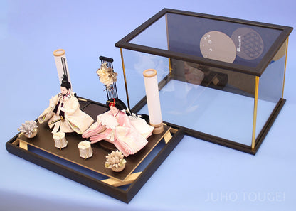 雛人形ケース飾り 二人 幅48㎝ 小三五親王 黒枠丸格子