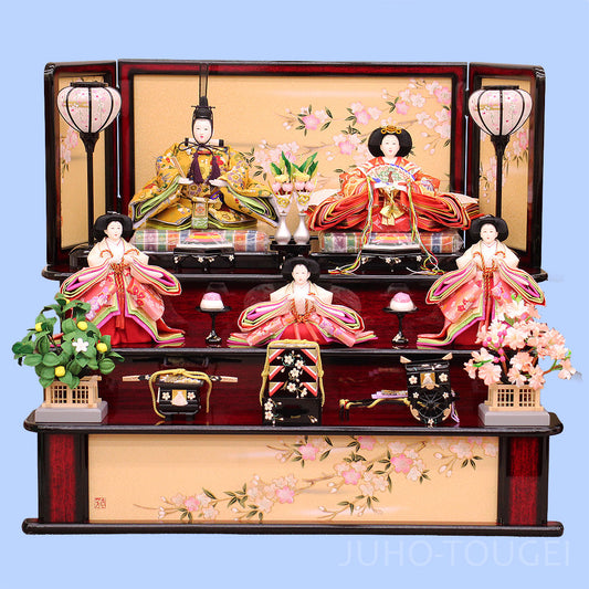 雛人形三段飾り 三五金襴P3G五人袖脱ぎ官女　家具調桜