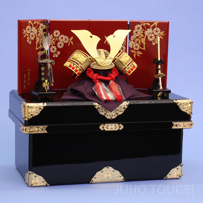 五月人形 兜収納セット 幅45cm コンパクト５号大鍬形赤威し兜　赤光琳桜