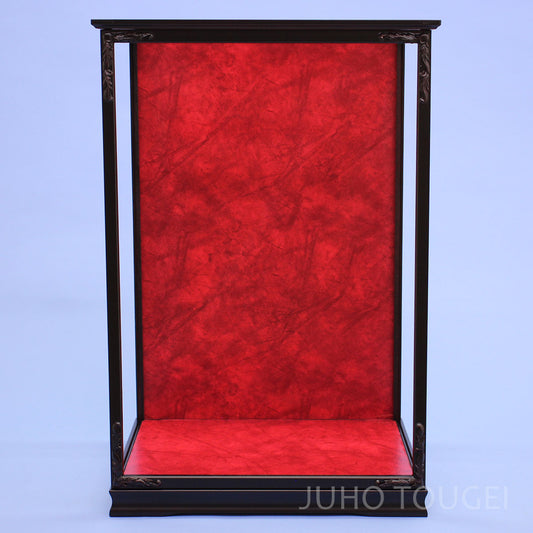 Door-Style Doll Display Case — 36 cm Wide × 55 cm High, Mahogany-Color Finish & Red Back
