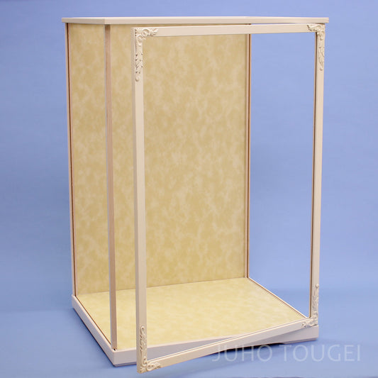 Door-Style Doll Display Case — 45 cm Wide × 66.5 cm High, White Frame & Beige Marble Pattern Back