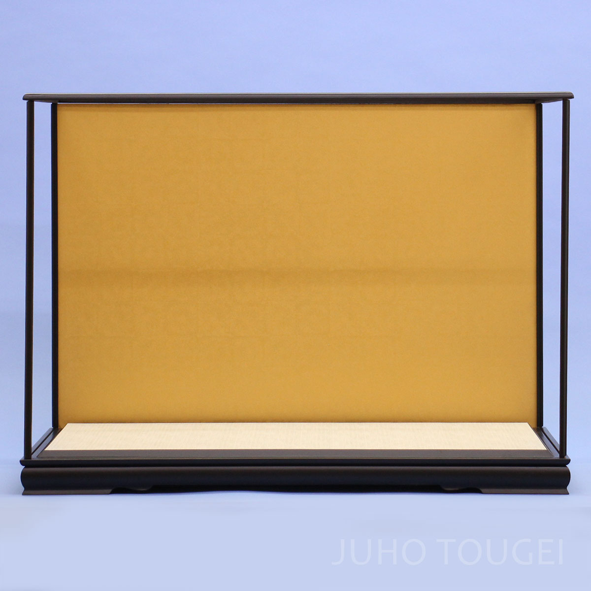 Lift-Off Glass Doll Display Case — W75 × H51 cm — Extra-Large, Matte Black with Gold Background and White Base Liner