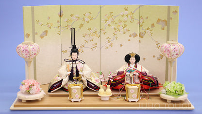 雏人偶，平式摆设，宽度60厘米，京都第12号，纯丝刺绣（白色），亲王人偶与公主，绿蓝色樱花