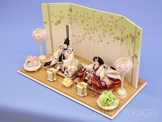 雏人偶，平式摆设，宽度60厘米，京都第12号，纯丝刺绣（白色），亲王人偶与公主，绿蓝色樱花