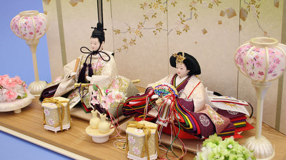 雏人偶，平式摆设，宽度60厘米，京都第12号，纯丝刺绣（白色），亲王人偶与公主，绿蓝色樱花
