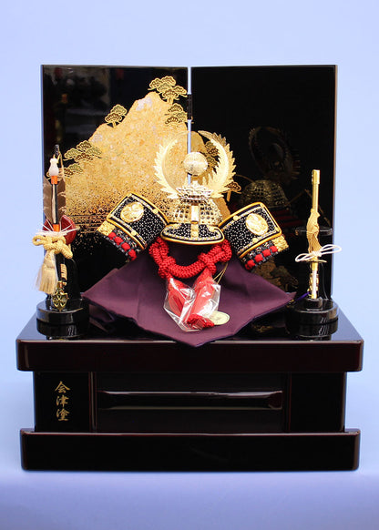 幅33cm コンパクト５号徳川家康兜　会津塗収納飾り