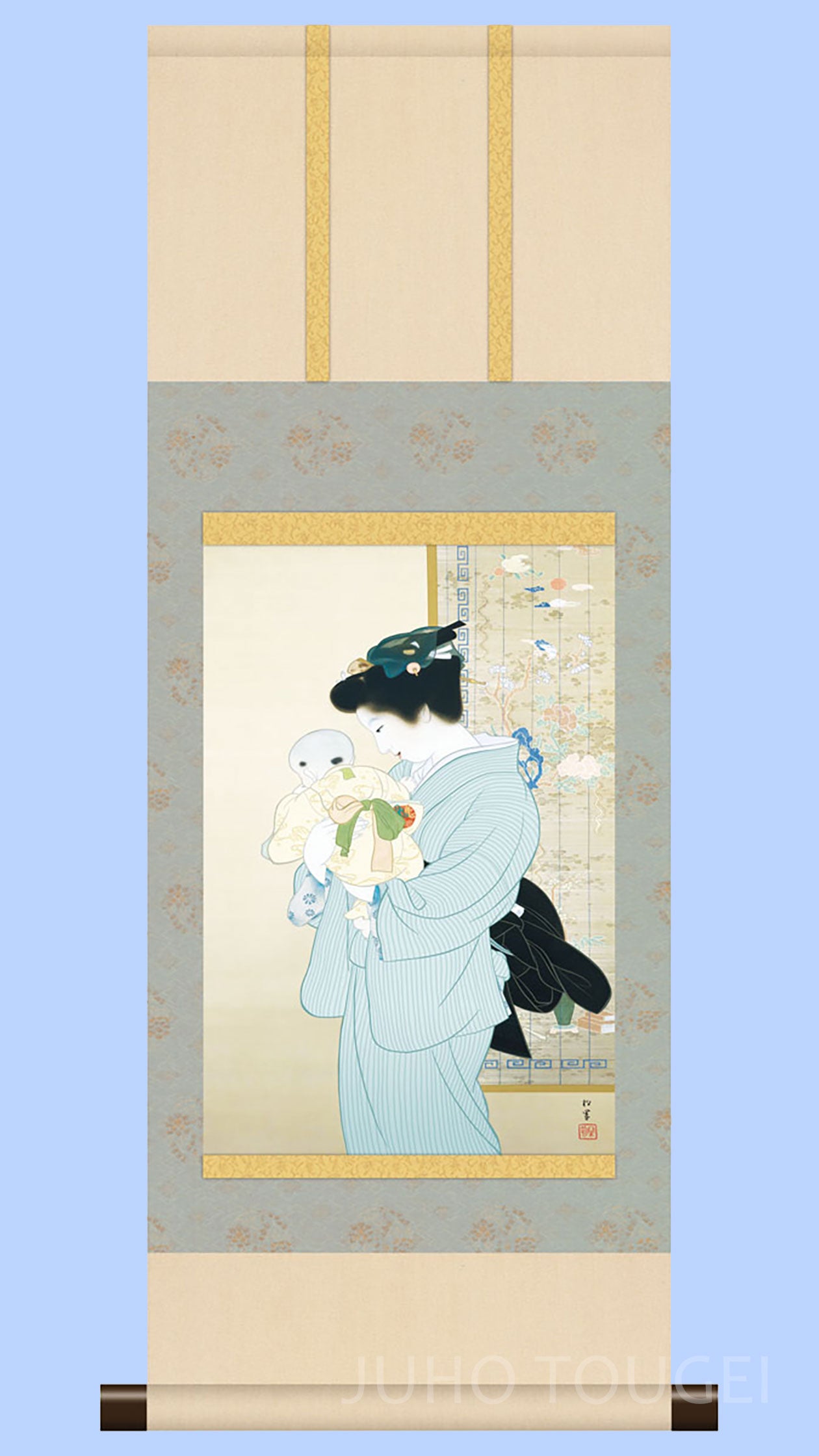 ミニ掛け軸　名画複製画　上村松園　母子