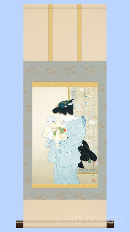 ミニ掛け軸　名画複製画　上村松園　母子